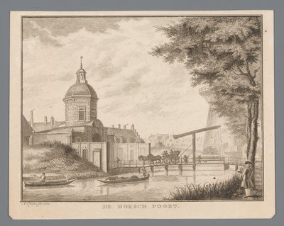 Utsikt över Morspoort i Leiden Morschporten (titel på objekt) av Abraham Delfos