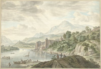 Kuperat landskap med ett slott vid en flod av Abraham Delfos