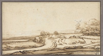 Böljande landskap med väg och hus i kanten av skogen av Abraham Furnerius