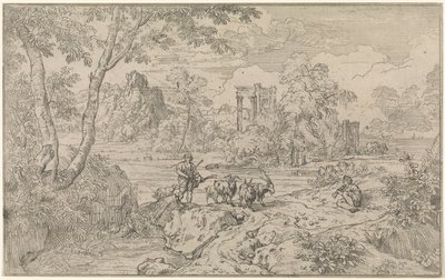 Arkadiskt landskap med getherde av Abraham Genoels