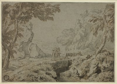Landskap med satyr, getter och andra figurer av Abraham Genoels II