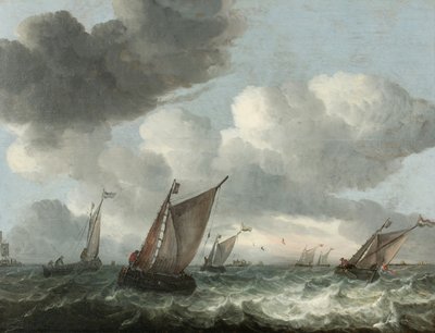 Fiskebåtar utanför kusten i ett hackigt hav (olja på panel) av Abraham Hendricksz van Beyeren