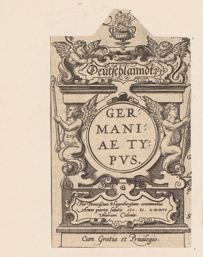 Cartouche med vier putti Cartouche från en kart från Tyskland Tyskland Typ av Tyskland (titel på objekt) Theatrum Orbis Terrarum (serietitel) av Abraham Hogenberg