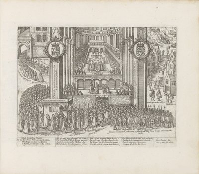 Vy över utsidan av Westminster Abbey under kröningen av James I, 1603-1604. av Abraham Hogenberg