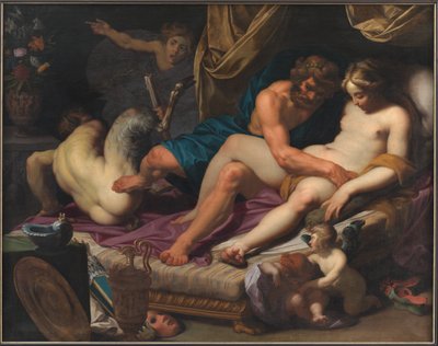 Hercules sparkar faunus ur Omfales säng av Abraham I Janssens