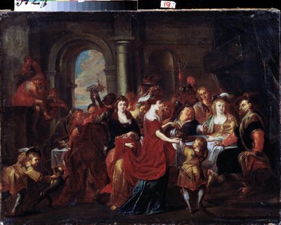""Herodes fest"" (Herodes bankett) Herodes bankett (Herode Antipas) under vilken Herodiades (Salome) dotter kräver Johannes Döparens (Jean Baptiste) huvud på ett fat för att erbjuda det till sin mor. Helgonets huvud placeras på bordet. Måla av Abraham Jansz. van Diepenbeeck