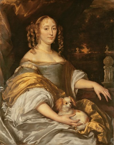 Porträtt av en ung dam i blå klänning med knähund av Abraham Lambertsz van den Tempel