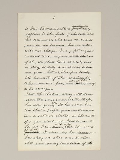 Autografmanuskript av Lincolns valsegertal som president, levererat i Washington D.C., från Vita husets fönster på kvällen den 10 november av Abraham Lincoln