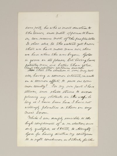 Autografmanuskript av Lincolns valsegertal som president, levererat i Washington D.C., från Vita husets fönster på kvällen den 10 november av Abraham Lincoln