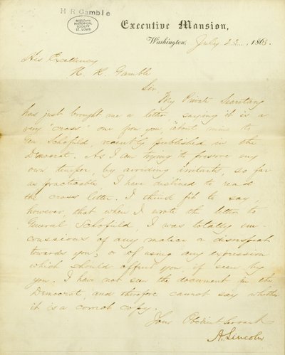 Letter signed A. Lincoln, Executive Mansion, Washington, to His Excellency, H.R. Gamble, July 23, 1863 av Abraham Lincoln