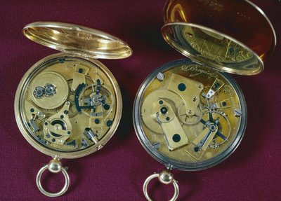 Två klockor, tillverkade i Paris (guld) av Abraham Louis Breguet