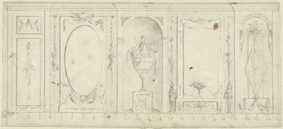 Design för rumsdekoration med fem paneler, den mellersta med dekorativ vas av Abraham Meertens
