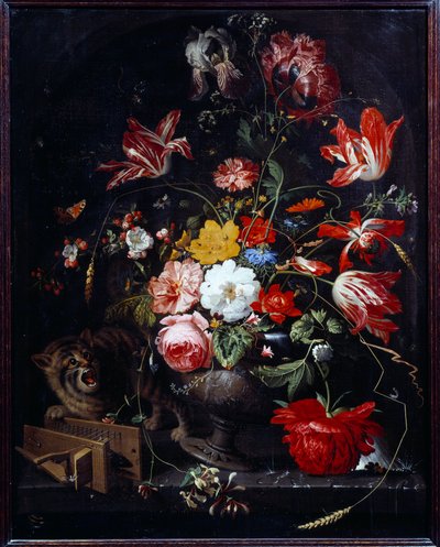 Katt slår ner en blomvas. Målning av Abraham Mignon (1640-1679) ec. Allt av Abraham Mignon