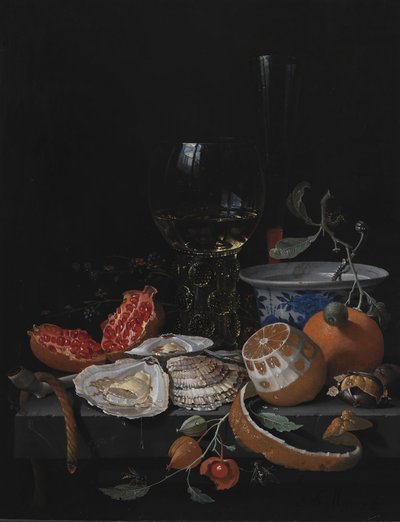 Ostron, frukt och ett vinglas på ett stenbord av Abraham Mignon
