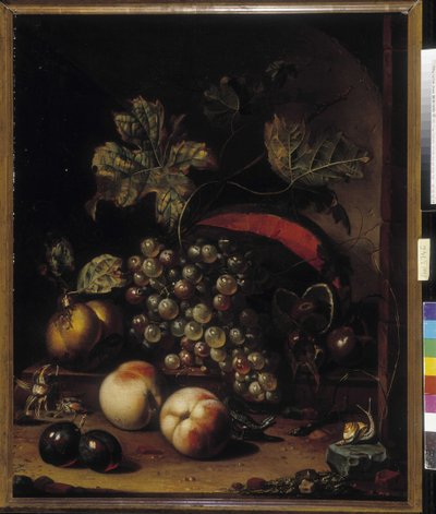 Stilleben av frukter och djur (olja på duk) av Abraham Mignon