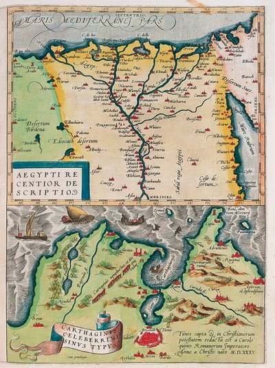 En nyare beskrivning av Egypten. - Carthage Bay Typ Geografikarta över Egypten med städerna Nilen och Kartago (Tunisien) från "Theatrum Orbis Terrarum" av Abraham Ortelius (Oertel, Ortell eller Ortel av Abraham Ortelius