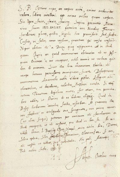 Autografbrev undertecknat till hans brorson, Jacob Cool (Jacobus Colius), Antwerpen, 2 februari 1595 (penna och bläck på papper) av Abraham Ortelius