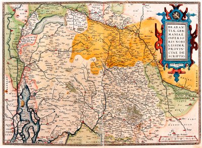 Geografikarta över territoriet söder om Nederländerna Germanic (Kempeland) tagen från "Theatrum Orbis Terrarum" av Abraham Ortelius (Oertel, Ortell eller Ortel av Abraham Ortelius