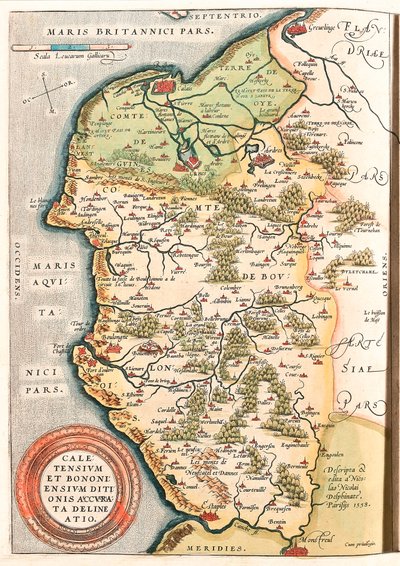 Caletensium et Bononiensium Ditionis Accurata Delineatio Geografikarta över Boulonnais-territoriet (Comte de Boulogne), Artois och Franska Flandern (Frankrike) inklusive platserna Calais, Arches, Greuelinge, Etaples och Montreuil... hämtad från "Theatrum O av Abraham Ortelius