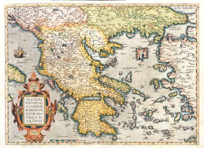 Kroatien (län: Dubrovnik-Neretva), södra Bosnien och Hercegovina, södra Serbien, södra Bulgarien, Montenegro, Albanien, Makedonien, Grekland, västra Turkiet av Abraham Ortelius