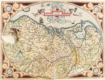 Beskrivning av Nedre Tyskland Geografikarta över Nederländernas territorium germanska från "Theatrum Orbis Terrarum" av Abraham Ortelius (Oertel, Ortell eller Ortel av Abraham Ortelius