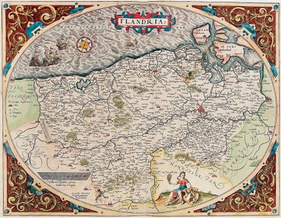Flandern Geografikarta över Flanderns territorium från "Theatrum Orbis Terrarum" av Abraham Ortelius (Oertel, Ortell eller Ortel av Abraham Ortelius