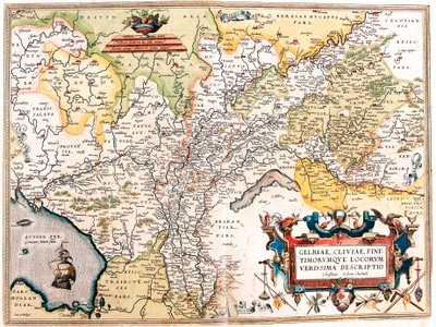 Gelriae, Cliviae, Finitimorum Qe Locos Verissima Beskrivning Christiana Schrot Av författaren Geografikarta över det tyska Nederländernas territorium från "Theatrum Orbis Terrarum" av Abraham Ortelius (Oertel, Ortell eller Ortel av Abraham Ortelius