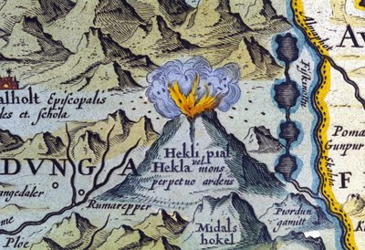 Hekla vulkanen på Island. Atlas över Abraham Ortelius, Amsterdam 1588 av Abraham Ortelius