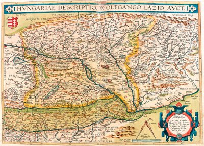 Ungersk beskrivning, Wolfgango Lazio Aut. Geografikarta över Ungerns territorium från "Theatrum Orbis Terrarum" av Abraham Ortelius (Oertel, Ortell eller Ortel av Abraham Ortelius