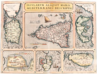 En beskrivning av de flera öarna i Medelhavet. Geografikarta över Medelhavsöarna Sicilien, Sardinien, Korfu, Malta, Djerba och Elba (Sicilien, Sardegna, Colfu, Malta Djerba, Elba) från "Theatrum Orbis Terrarum" av Abraham Ortelius (Oertel, Ortell) av Abraham Ortelius
