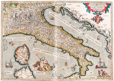 Sista beskrivningen av Italien av författaren Jacob Castaldo Piedmontano Geografikarta över Italiens territorium hämtad från "Theatrum Orbis Terrarum" av Abraham Ortelius (Oertel, Ortell eller Ortel av Abraham Ortelius
