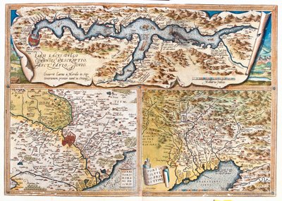 Comosjön (Italien; region: Lombardiet), Rom (Italien; region: Latium), Triestebukten (Italien: region Friuli-Venezia Giulia; Slovenien: traditionell region Sloveniens kust; Kroatien: Istriens län) av Abraham Ortelius