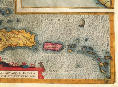 Ramani ya Kisiwa cha Hispaniola, Santo Domingo, Puerto Rico na sehemu ya Antilles kutoka kwa Abraham Ortelius Seed av Abraham Ortelius