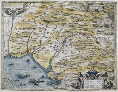 ORTELIUS, Abraham (1527-1598). Theatrum Orbis Terrarum. 1570. Den anses vara den första moderna atlasen. CHAVES, Jeronimo de (1523-1574). Matematiker, astronom och navigatör. Karta över västra Andalusien. Baserad på Hieronimus Chiaves karta (Jeronimo d av Abraham Ortelius