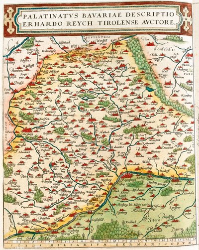 Pfalz av Bayern Geografikarta över territoriet Baviere i Tyskland från "Theatrum of the World" av Abraham Ortelius (Oertel, Ortell eller Ortel av Abraham Ortelius