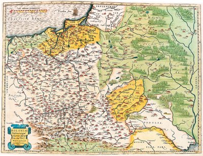 En beskrivning av Polen och dess närliggande platser. Geografikarta över Polen från "Theatrum Orbis Terrarum" av Abraham Ortelius (Oertel, Ortell eller Ortel av Abraham Ortelius