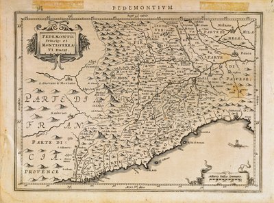 Furstendömet Piemonte, hertigdömet Monferrato, västra Ligurien och en del av regionen östra Ligurien, från Theatrum Orbis Terrarum av Abraham Ortelius av Abraham Ortelius