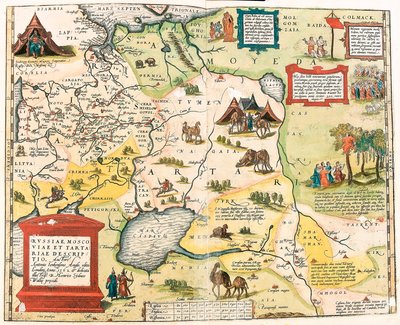 Ryssland, Moskva och Tartar. av Antonio Jenkensono Anglo, publicerad i London 1562 Geografikarta över Rysslands territorium från "Theatrum Orbis Terrarum" av Abraham Ortelius (Oertel, Ortell eller Ortel av Abraham Ortelius