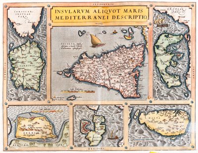 Sardinien, Sicilien, Korfu, Djerba, Elba, Malta, Italien, Grekland, Tunisien, Malta av Abraham Ortelius