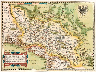 Schlesien Typ Beskrivning och beskrivning och redigerad av Martin Heilwid Neilsense och noble make Nicolas Rhedinger Anno 1561 Geografikarta över territoriet söder om Frankfurt i Tyskland nära Polen från "Theatrum Orbis Terrarum" av Abraham Ortelius ( av Abraham Ortelius