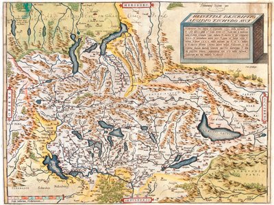 Schweiz, Tyskland (delstat: Baden-Württemberg, Bayern), Österrike (delstat: Voralberg), Liechtenstein, Italien (region: Trentino-Alto Adige, Lombardiet, Piemonte, Aostadalen), Frankrike (region: Franche-Comté, Rhône-Alpes, Alsace), av Abraham Ortelius