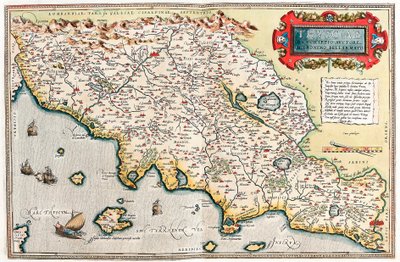 Thusciae Beskrivning av författaren Hieronymo Bellamarto Geografikarta över Toscanas territorium i Italien från "Theatrum Orbis Terrarum" av Abraham Ortelius (Oertel, Ortell eller Ortel av Abraham Ortelius