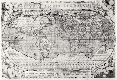 Världskarta, världskarta, 1577 av Abraham Ortelius
