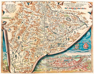 Äkta beskrivning av staden Salzburg Geografikarta över territoriet Salsburg i Österrike från "Theatrum Orbis Terrarum" av Abraham Ortelius (Oertel, Ortell eller Ortel av Abraham Ortelius