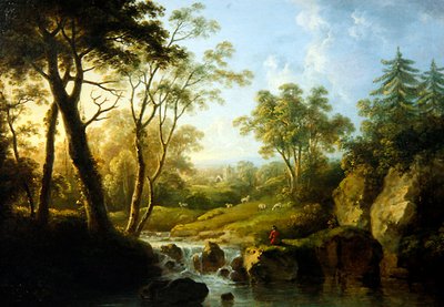 Ett skogslandskap med ett vattenfall (olja på duk) av Abraham Pether