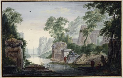 Antika gravruiner i ett flodlandskap av Abraham Rademaker