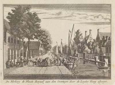 Värdshuset ligger på en rymlig plats vid flodbanken där Leydse Kaag mynnar ut. av Abraham Rademaker