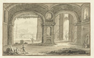 Fantiserad italiensk stadsbild med klassiska byggnader av Abraham Rademaker