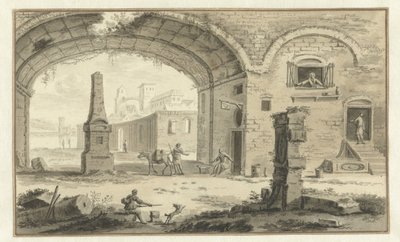 Fantiserad italiensk stadsbild med klassiska byggnader och utsikt under en båge av Abraham Rademaker