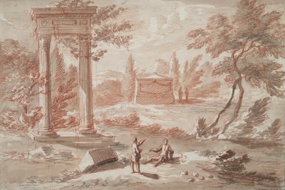 Landskap med grav, ruiner och figurer av Abraham Rademaker